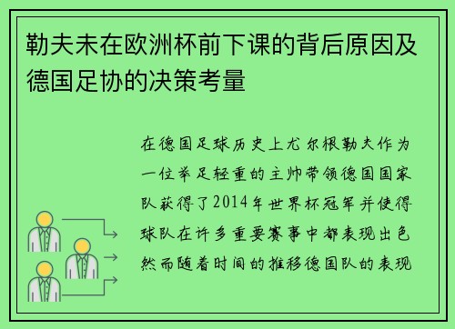 勒夫未在欧洲杯前下课的背后原因及德国足协的决策考量