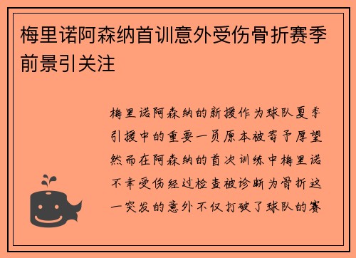 梅里诺阿森纳首训意外受伤骨折赛季前景引关注 梅里诺阿森纳首训意外受伤骨折赛季前景引关注