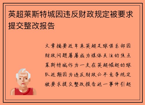 英超莱斯特城因违反财政规定被要求提交整改报告