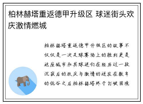 柏林赫塔重返德甲升级区 球迷街头欢庆激情燃城 柏林赫塔重返德甲升级区 球迷街头欢庆激情燃城