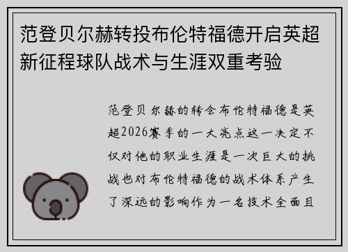 范登贝尔赫转投布伦特福德开启英超新征程球队战术与生涯双重考验